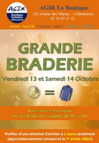 Grande braderie d'octobre (boutique solidaire AGIR). Du 13 au 14 octobre 2017 à CHATEAUROUX. Indre.  09H00